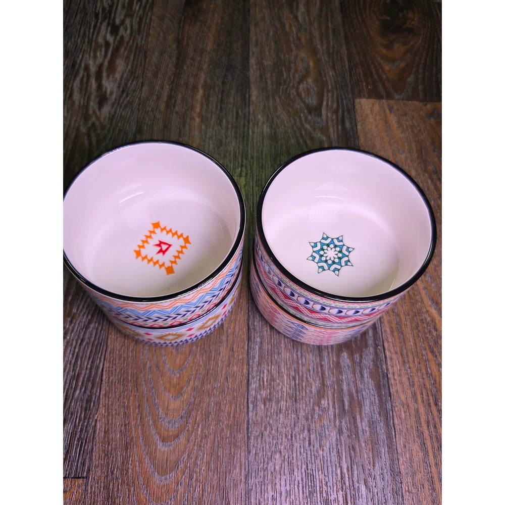 Signature Housewares Stoneware Bowls Set of 4 Boho Geometric Tribal Patterns - Picture 2 of 4
